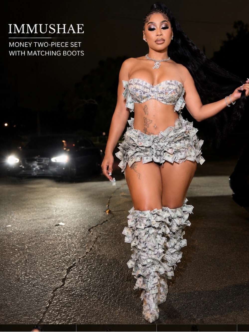 Money Outfit Money Skirt Money Bra Gray Money-Print Ruffled Mini Skirt